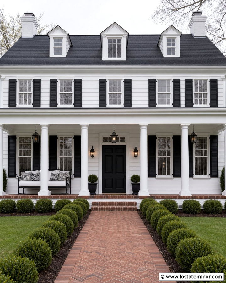 White Colonial Porch With Black Daybed - 30 White House Design With Daybed Ideas