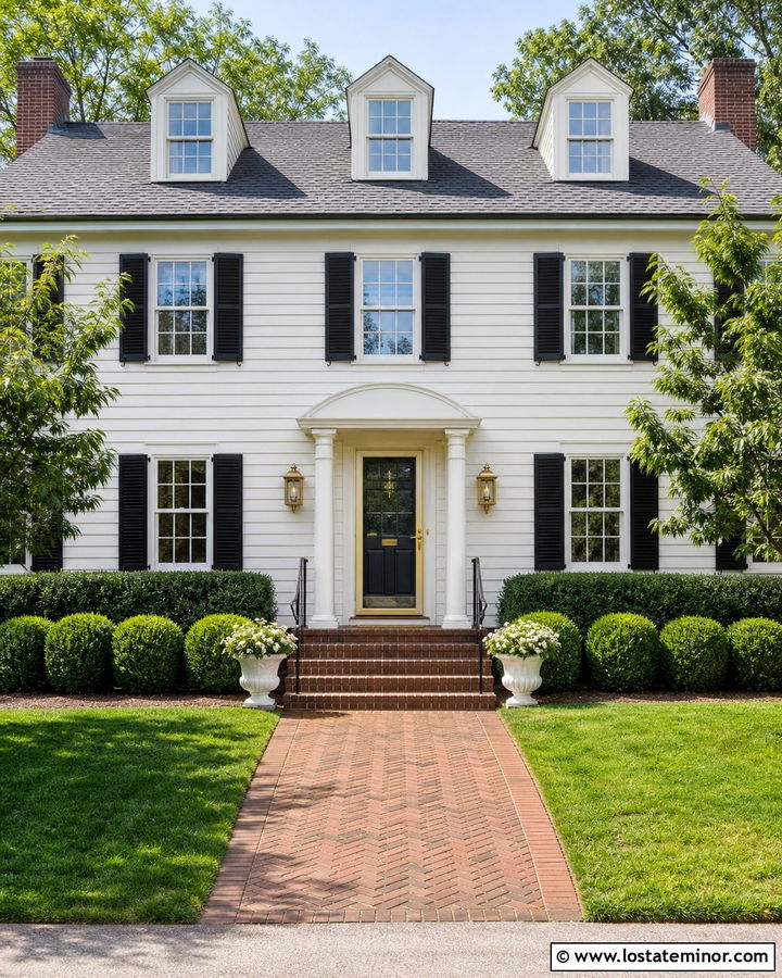 White Colonial With Brass Finish Storm Door - 30 White House Design With Storm Door Ideas