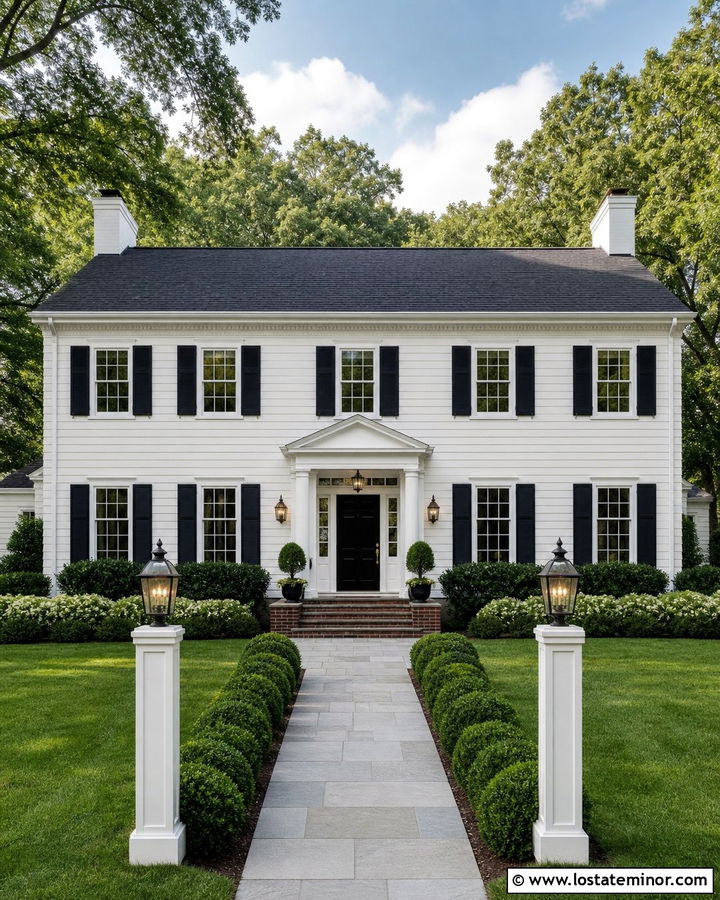 White Colonial With Brass Wall Lanterns - 30 White House Design With Lighting Ideas
