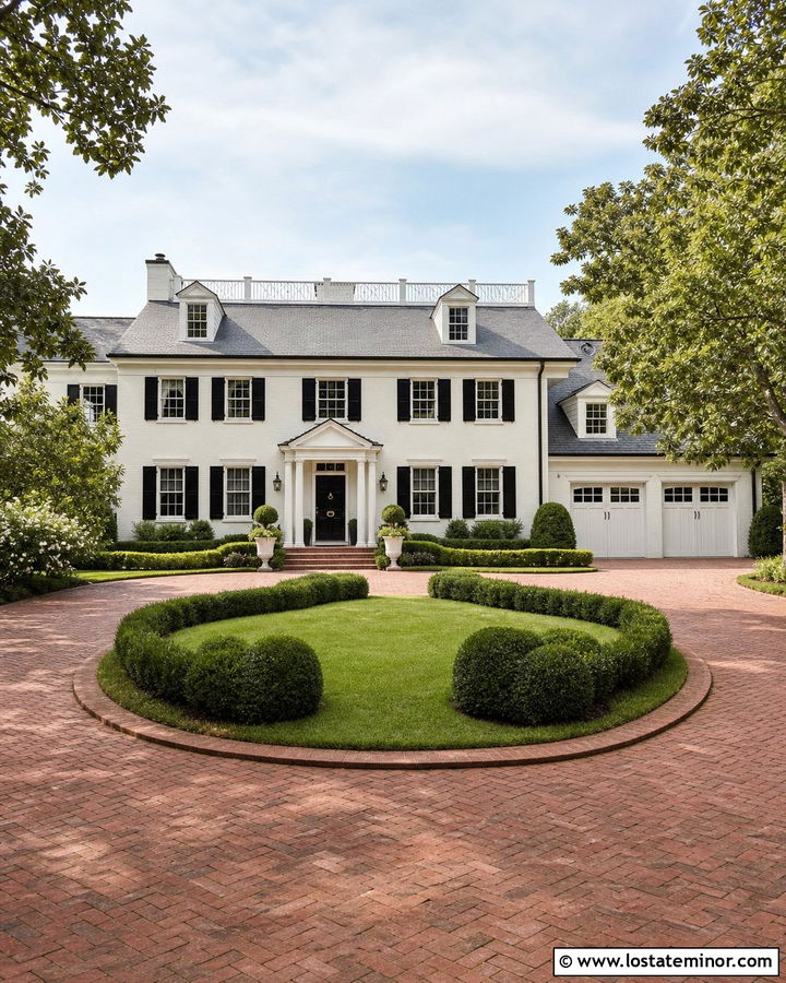 White Colonial With Circular Brick Driveway - 30 White House Design With Driveway Ideas