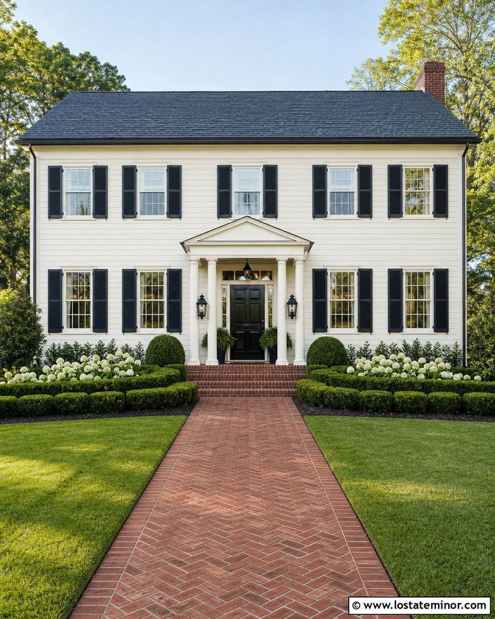 White Colonial With Red Brick Walkway - 30 White House Design With Walkway Ideas