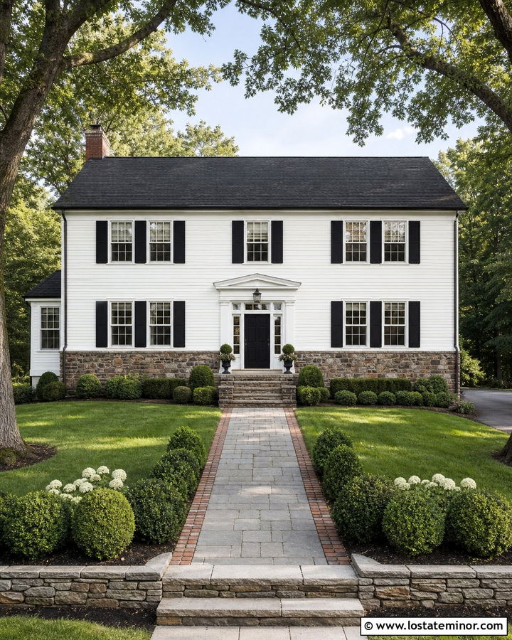White Colonial With Red Stone Wainscoting - 30 Stone House Design With Wainscoting Ideas