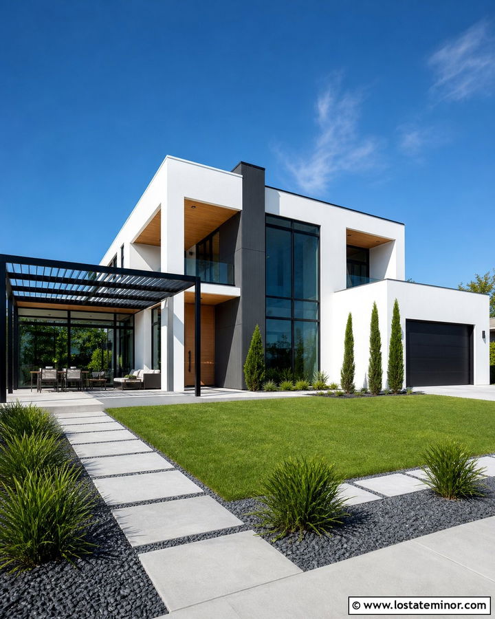 White Contemporary House With Aluminum Pergola - 30 White House Design With Pergola Ideas