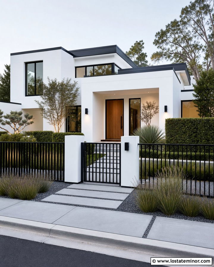 White Contemporary House With Black Metal Fence - 30 White House Design With Fence Ideas