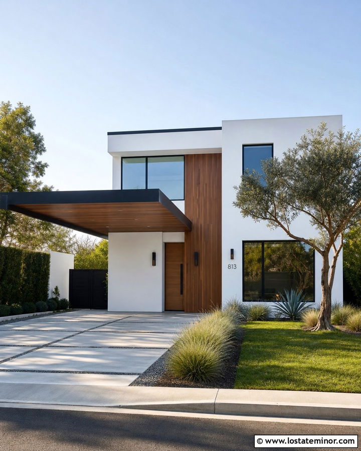 White Contemporary House With Cantilevered Carport - 30 White House Design With Carport Ideas