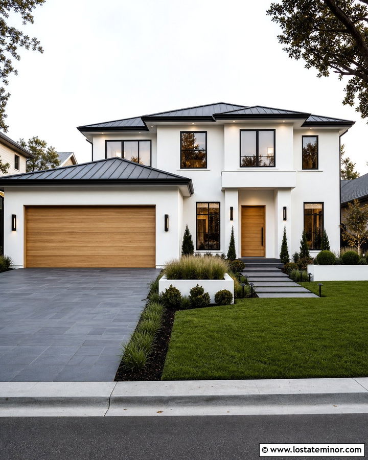 White Contemporary House With Charcoal Paver Driveway - 30 White House Design With Driveway Ideas