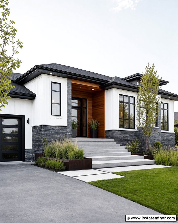 White Contemporary House With Charcoal Stone Wainscoting - 30 White House Design With Wainscoting Ideas