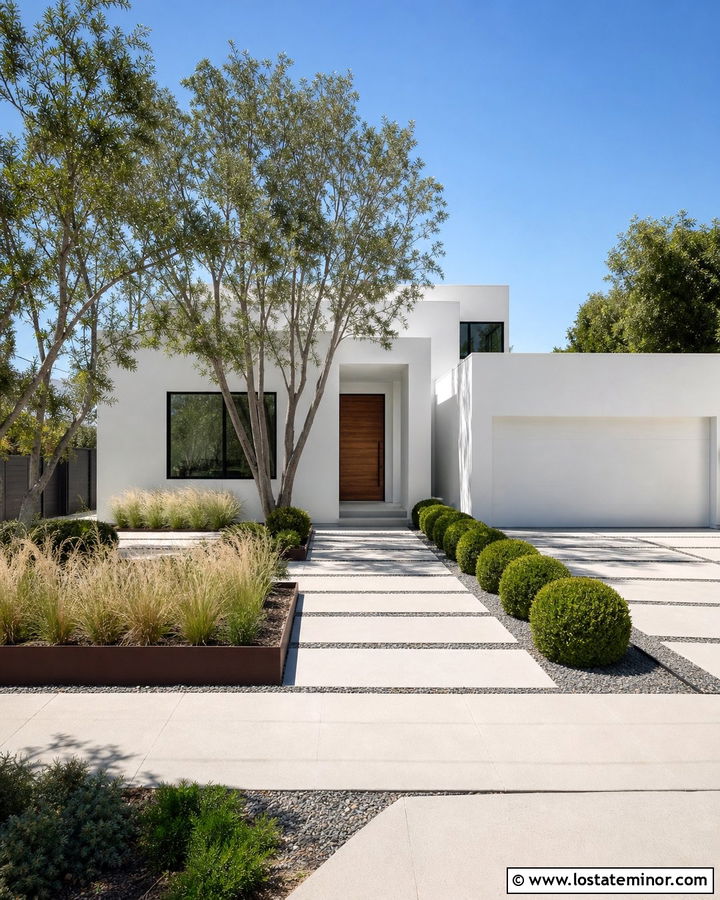 White Contemporary House With Concrete Pavers - 30 White House Design With Front Yard Ideas