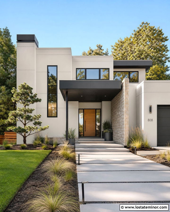 White Contemporary House With Flat Roof Portico - 30 White House Design With Portico Ideas