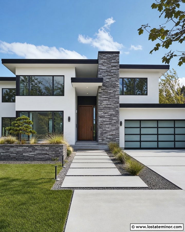 White Contemporary House With Gray Ledge Stone - 30 White House Design With Stone Accents Ideas