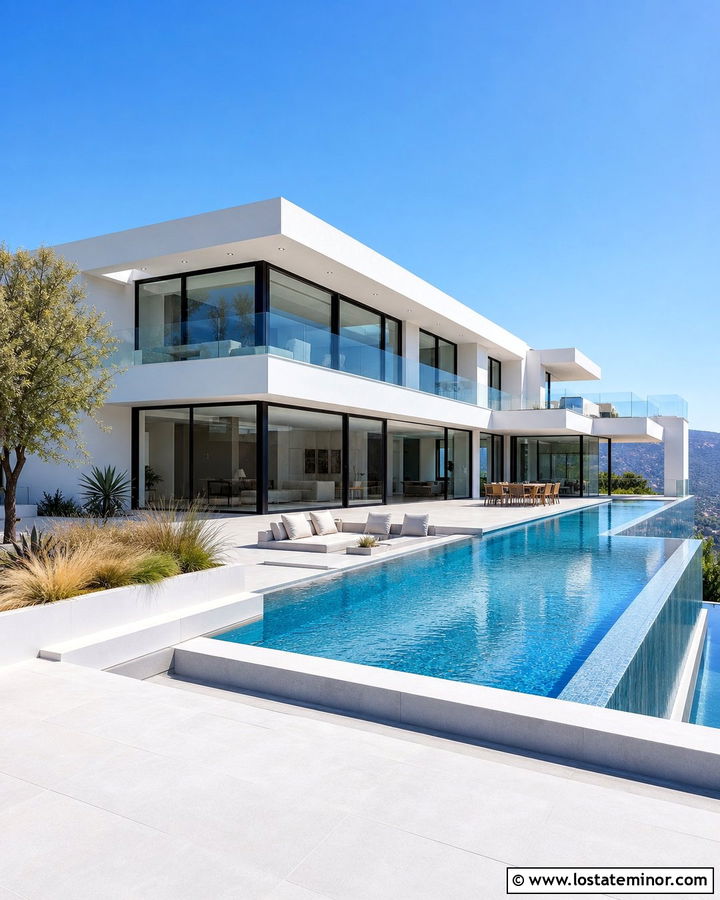 White Contemporary House With Infinity Swimming Pool - 30 White House Design With Swimming Pool Ideas