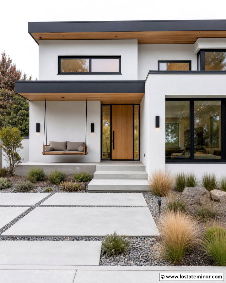 White Contemporary House With Minimal Swing - 30 White House Design With Swing Ideas