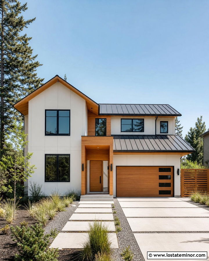 White Contemporary House With Natural Wood Trim - 30 White House Design With Trim Ideas