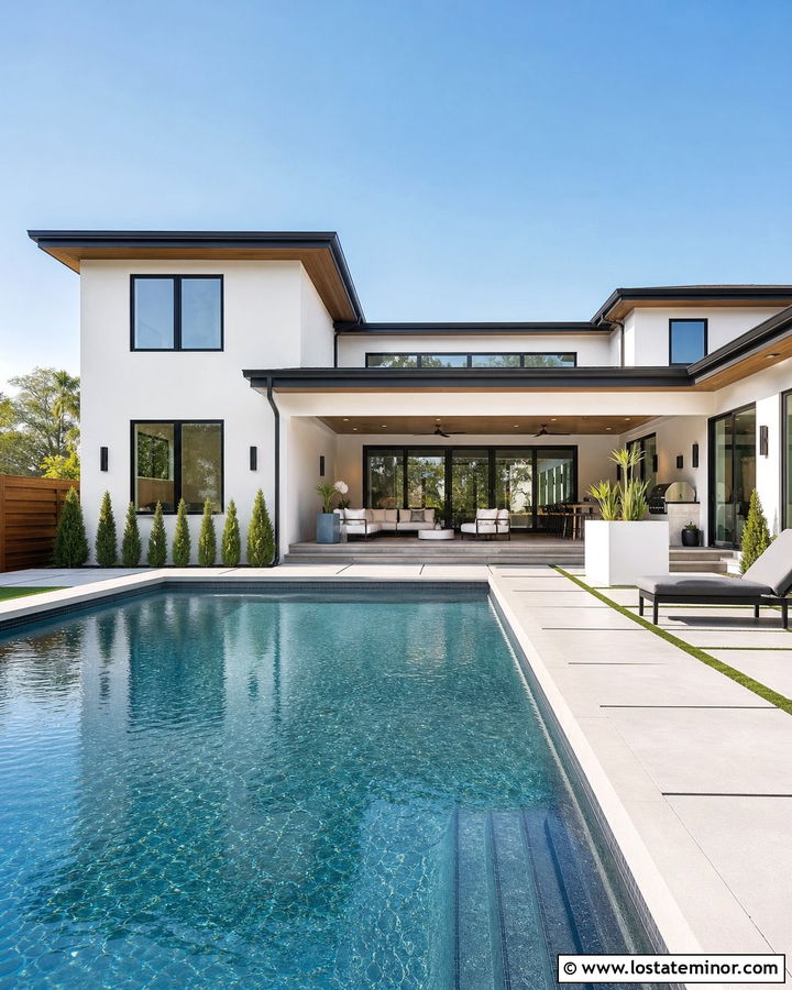 White Contemporary House With Rectangular Backyard Pool - 30 White House Design With Backyard Ideas