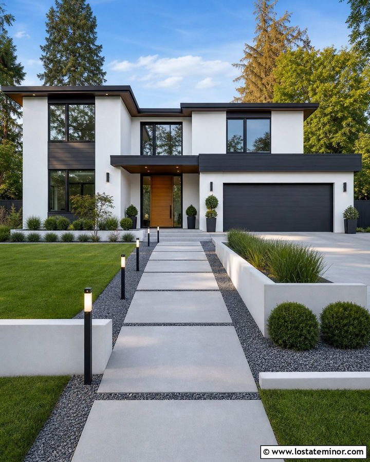 White Contemporary House With Walkway Lighting - 30 White House Design With Walkway Ideas