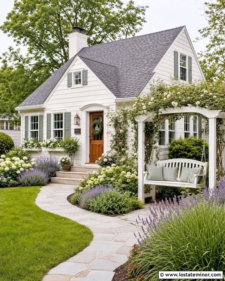 White Cottage Garden House With Arbor Swing - 30 White House Design With Swing Ideas