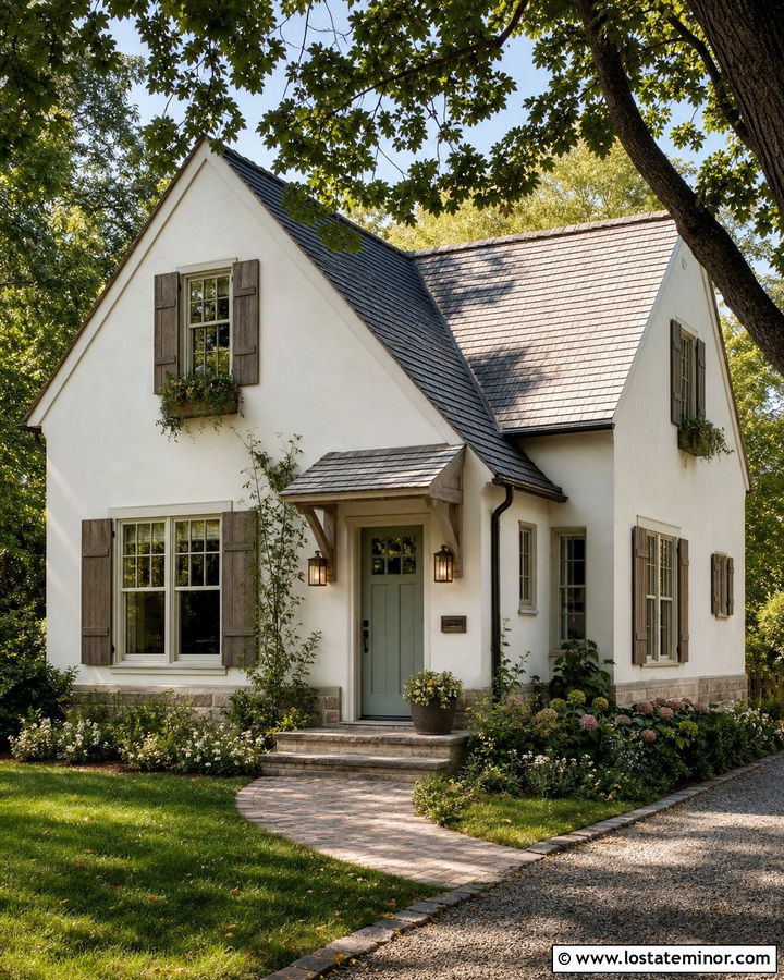 White Cottage House With Antique Brass Sconces - 30 White House Design With Light Fixtures Ideas