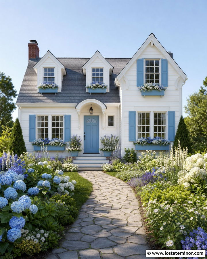 White Cottage House With Blue Window Boxes - 30 White House Design With Window Boxes Ideas