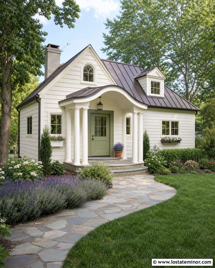 White Cottage House With Curved Portico - 30 White House Design With Portico Ideas