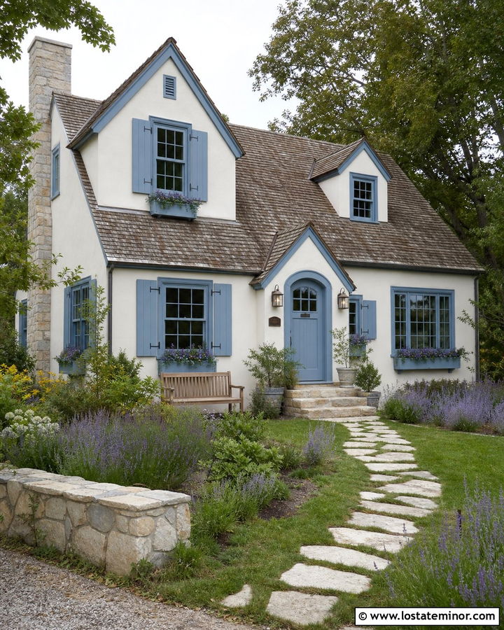 White Cottage House With Dusty Blue Trim - 30 White House Design With Trim Ideas