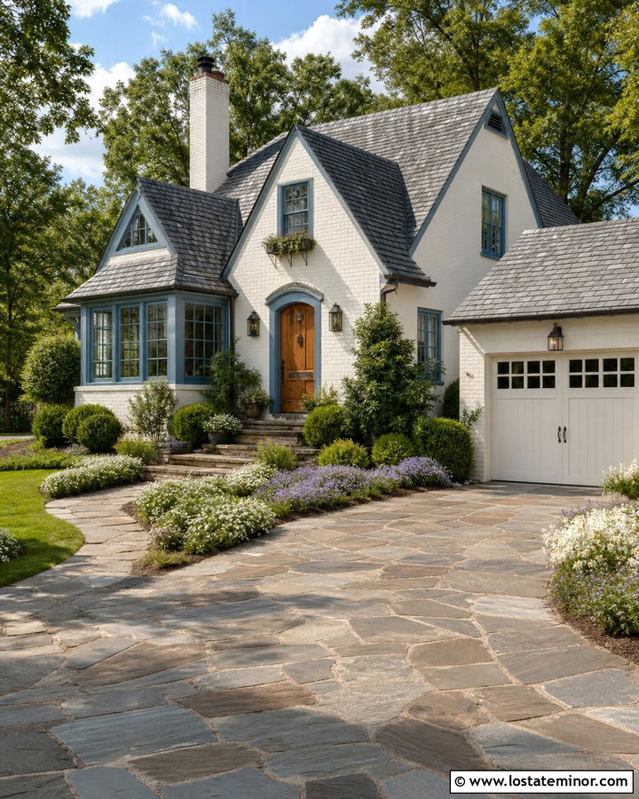 White Cottage House With Flagstone Driveway - 30 White House Design With Driveway Ideas
