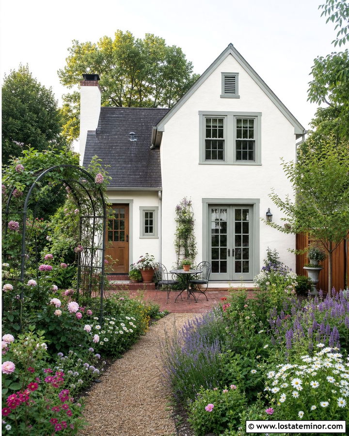 White Cottage House With Flower Garden Backyard - 30 White House Design With Backyard Ideas