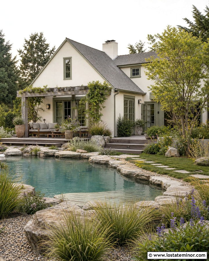White Cottage House With Natural Swimming Pool - 30 White House Design With Swimming Pool Ideas