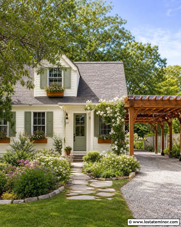 White Cottage House With Pergola Carport - 30 White House Design With Carport Ideas