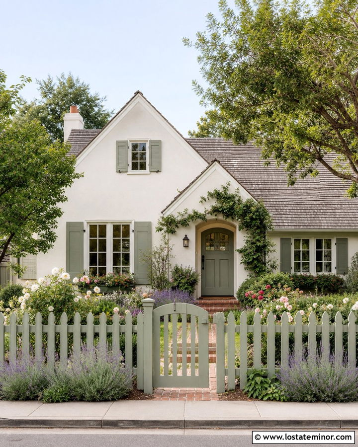 White Cottage House With Sage Green Fence - 30 White House Design With Fence Ideas