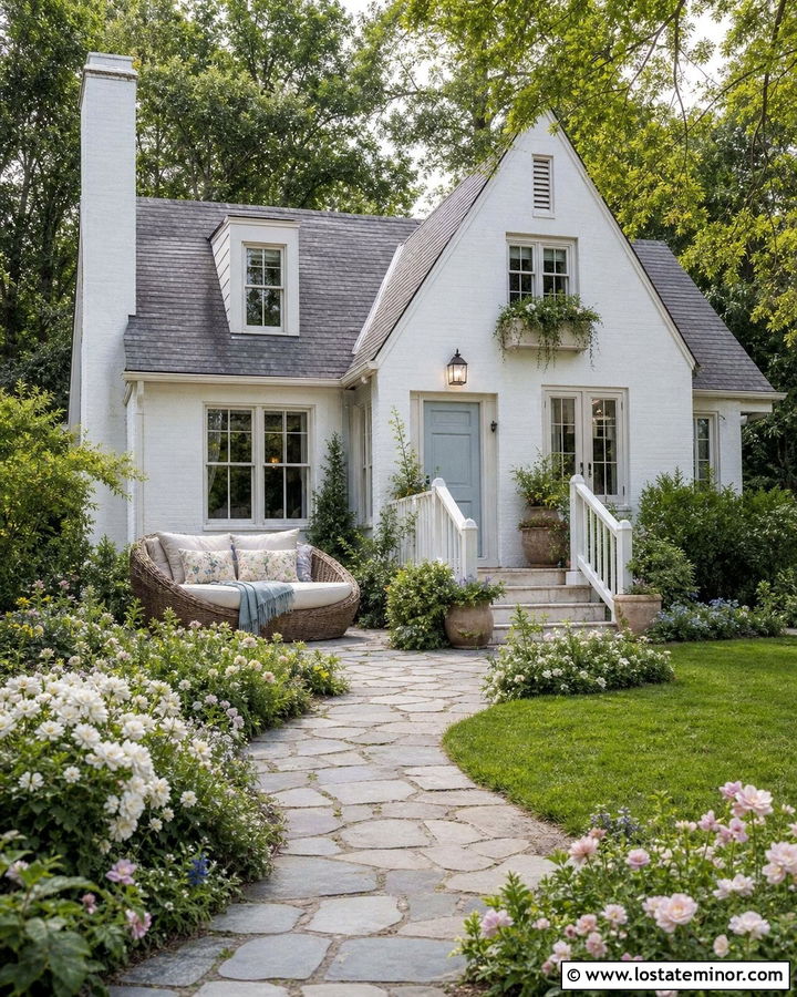 White Cottage Porch With Wicker Daybed - 30 White House Design With Daybed Ideas