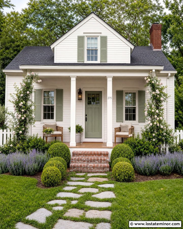 White Cottage Siding With A Sage Green Door - 30 White House Design With Siding Ideas