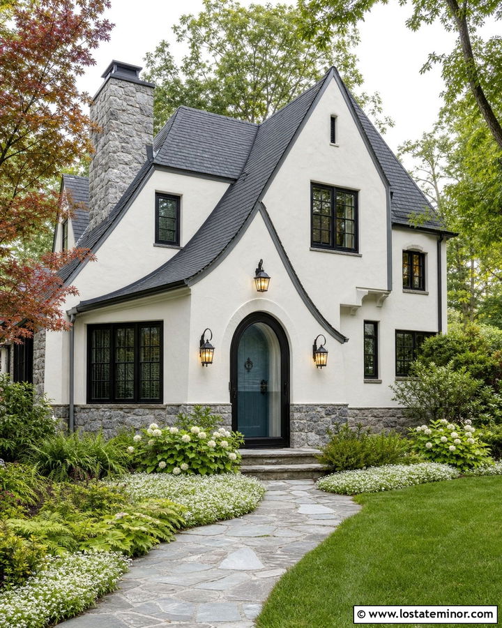 White Cottage With Arched Black Storm Door - 30 White House Design With Storm Door Ideas