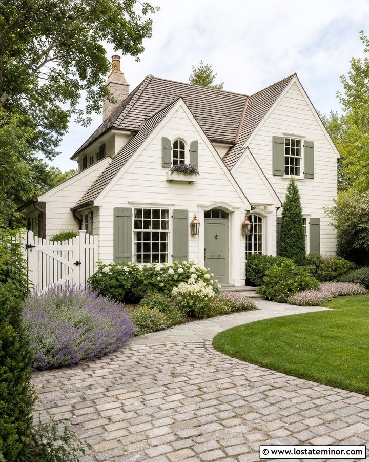 White Cottage With Cobblestone Driveway - 30 White House Design With Driveway Ideas