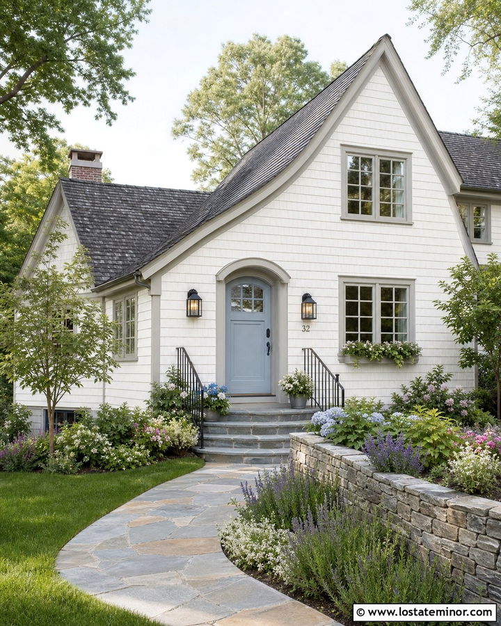 White Cottage With Curved Front Steps - 30 White House Design With Steps Ideas