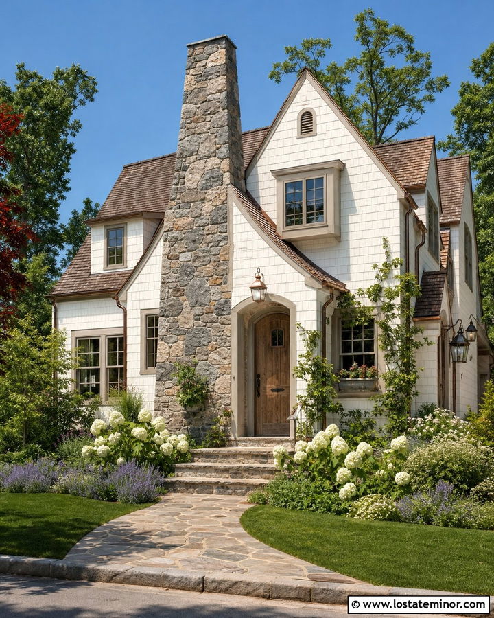 White Cottage With Fieldstone Chimney - 30 White House Design With Chimney Ideas