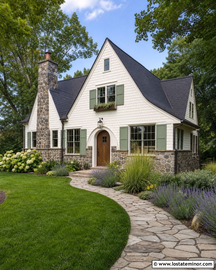 White Cottage With Fieldstone Wainscoting - 30 White House Design With Wainscoting Ideas