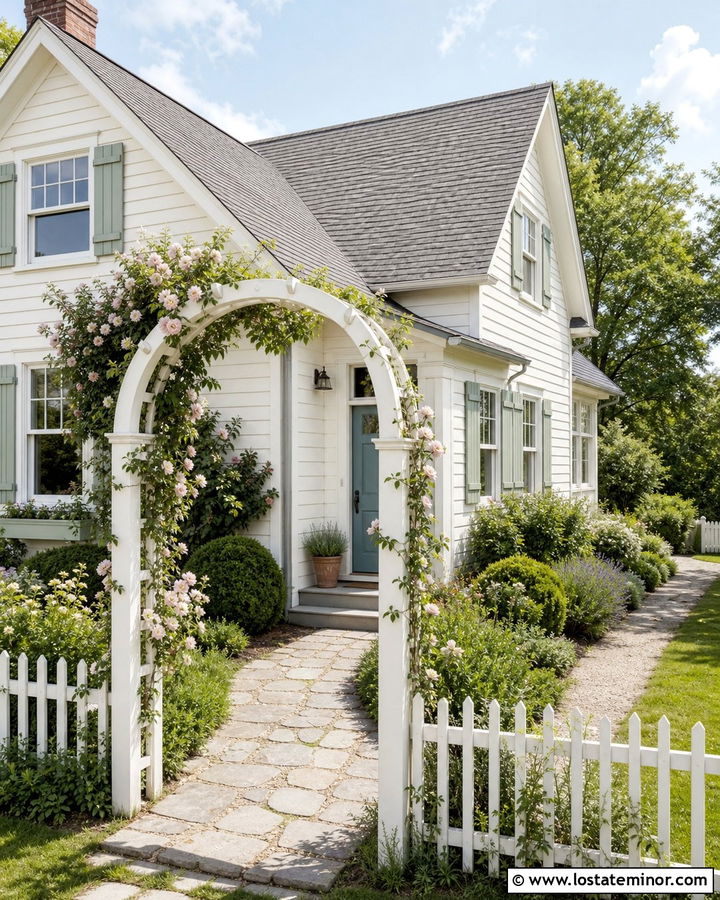 White Cottage With Garden Arch Walkway - 30 White House Design With Walkway Ideas