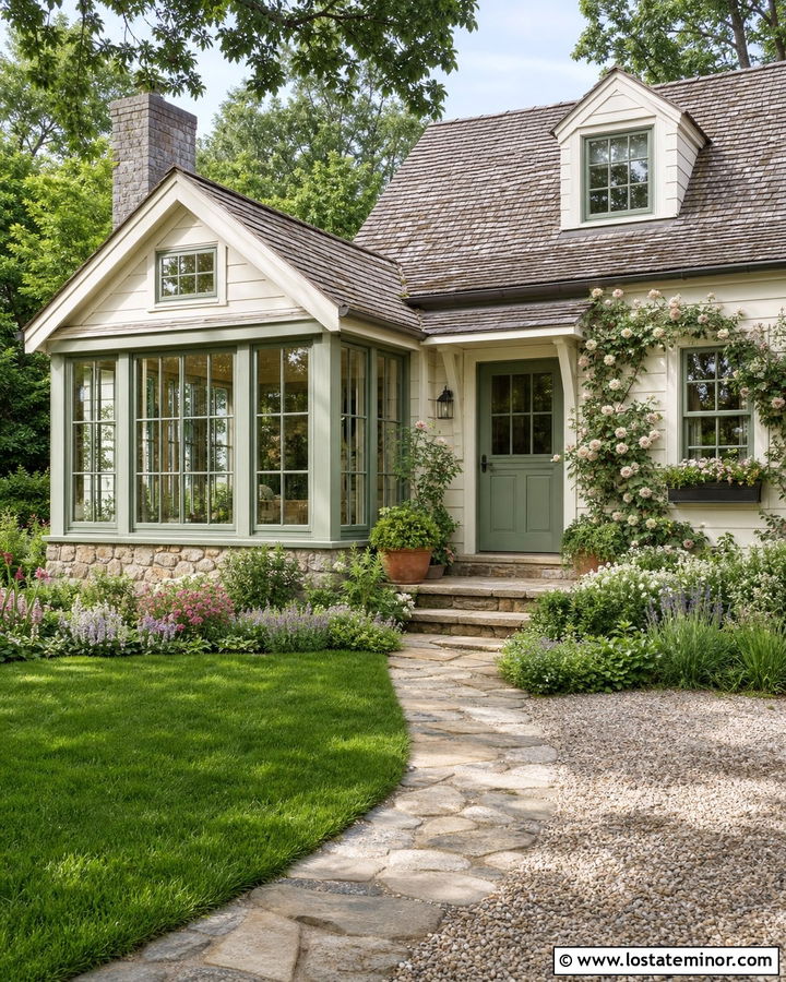 White Cottage With Garden Sunroom - 30 White House Design With Sunroom Ideas