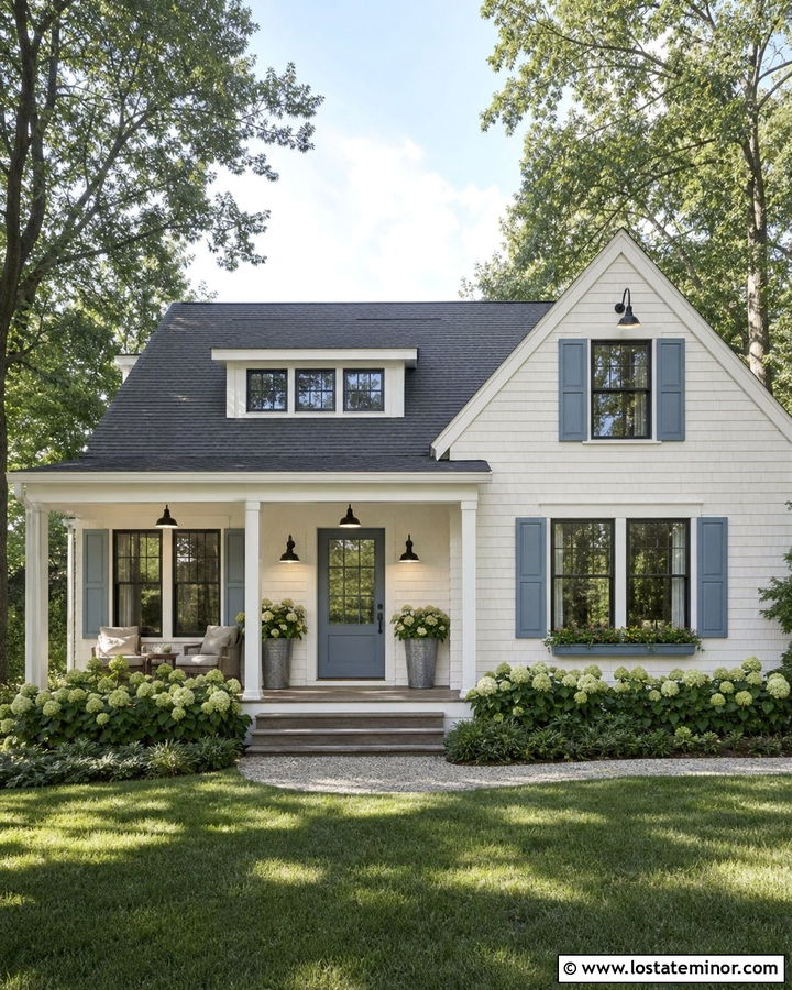 White Cottage With Gooseneck Lights - 30 White House Design With Lighting Ideas