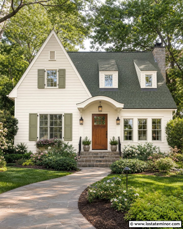 White Cottage With Green Roof Shingles - 30 White House Design With Shingles Ideas