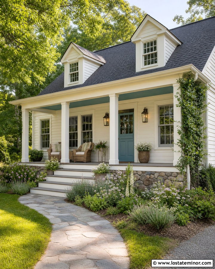White Cottage With Muted Teal Porch Ceiling - 30 White House Design With Porch Ceiling Ideas