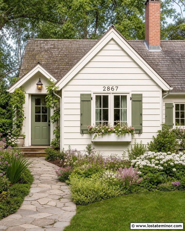 White Cottage With Numbers Above A Flower Box - 30 White House Design With House Numbers Ideas