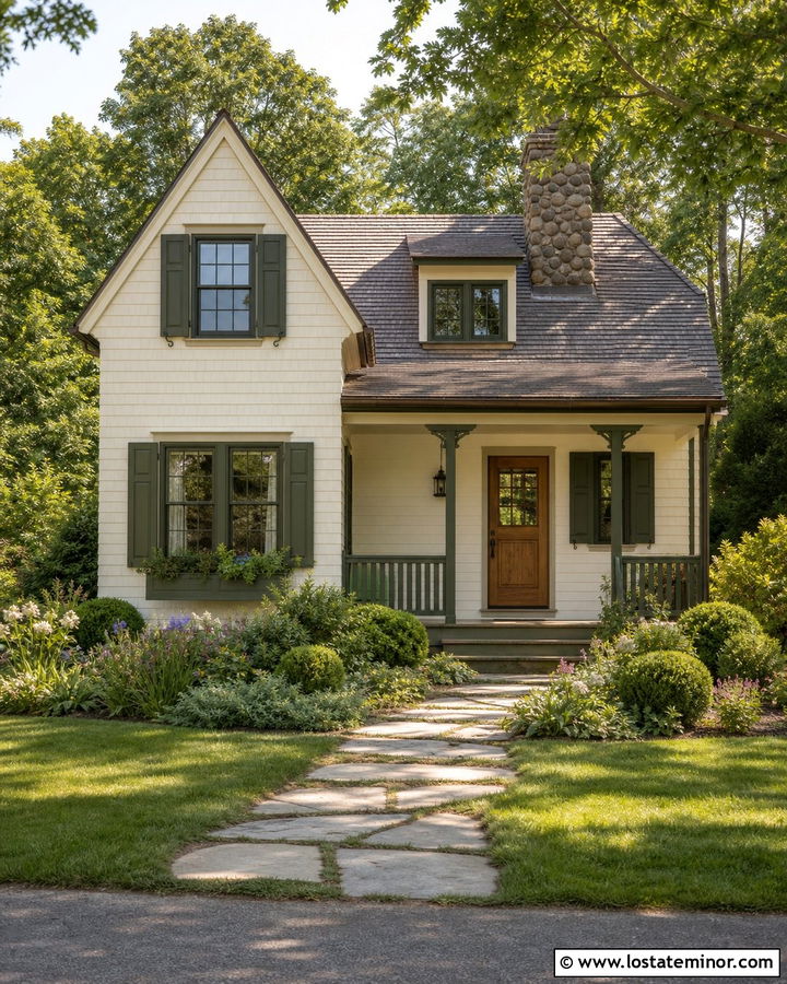 White Cottage With Olive Window Frames And Wood Door - 30 White House Design With Window Frames Ideas