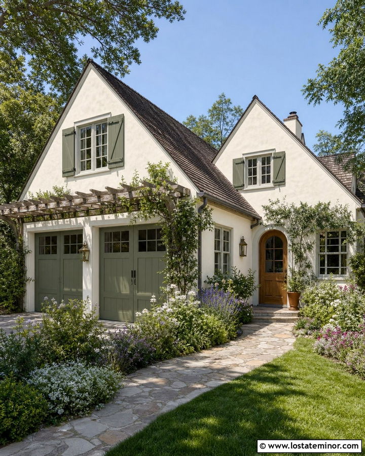 White Cottage With Sage Green Garage Door - 30 White House Design With Garage Door Ideas
