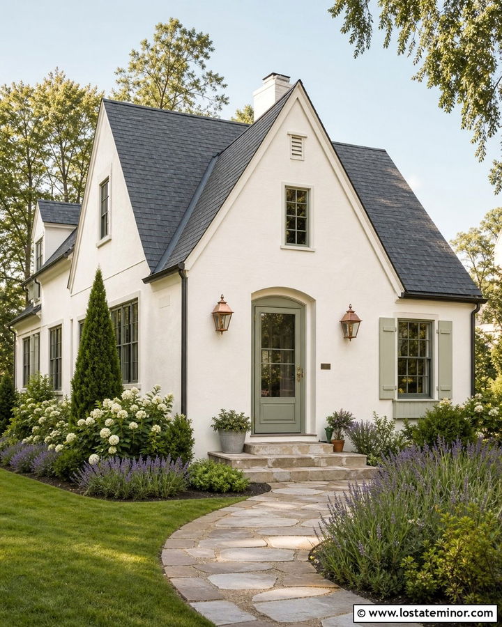 White Cottage With Sage Green Storm Door - 30 White House Design With Storm Door Ideas