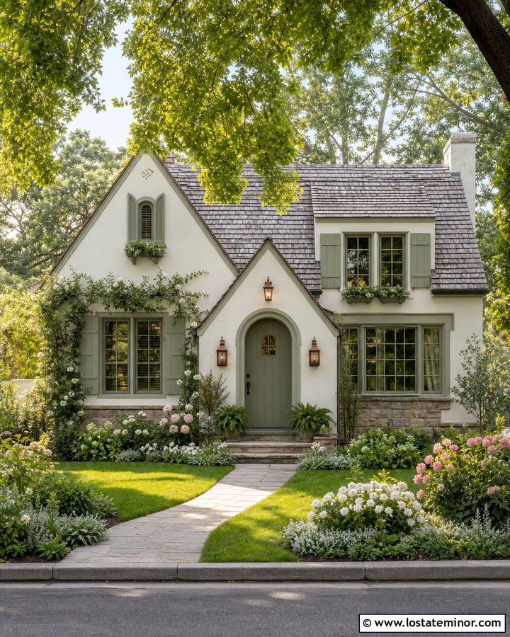 White Cottage With Sage Green Window Frames - 30 White House Design With Window Frames Ideas