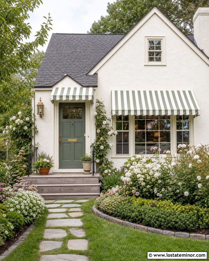 White Cottage With Sage Striped Awning - 30 White House Design With Awning Ideas