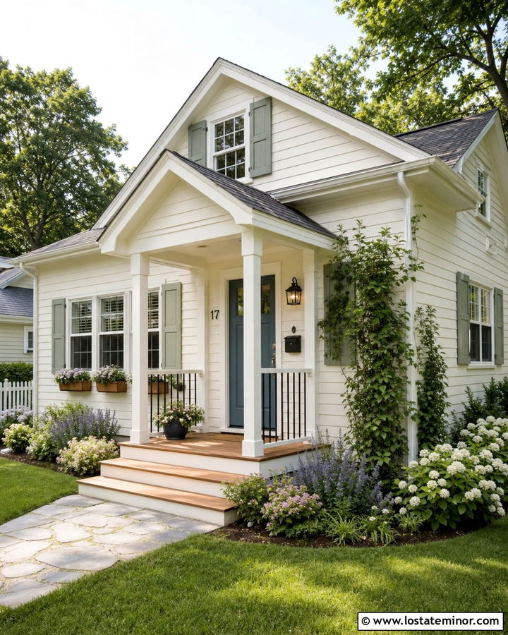 White Cottage With Small Entry Deck - 30 White House Design With Deck Ideas