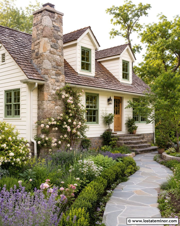White Cottage With Stone Chimney - 30 White House Design With Stone Accents Ideas