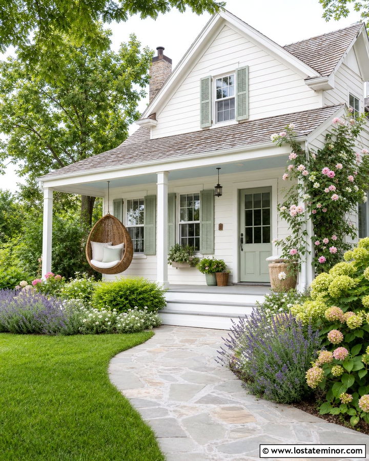White Cottage With Wicker Egg Swing - 30 White House Design With Swing Ideas